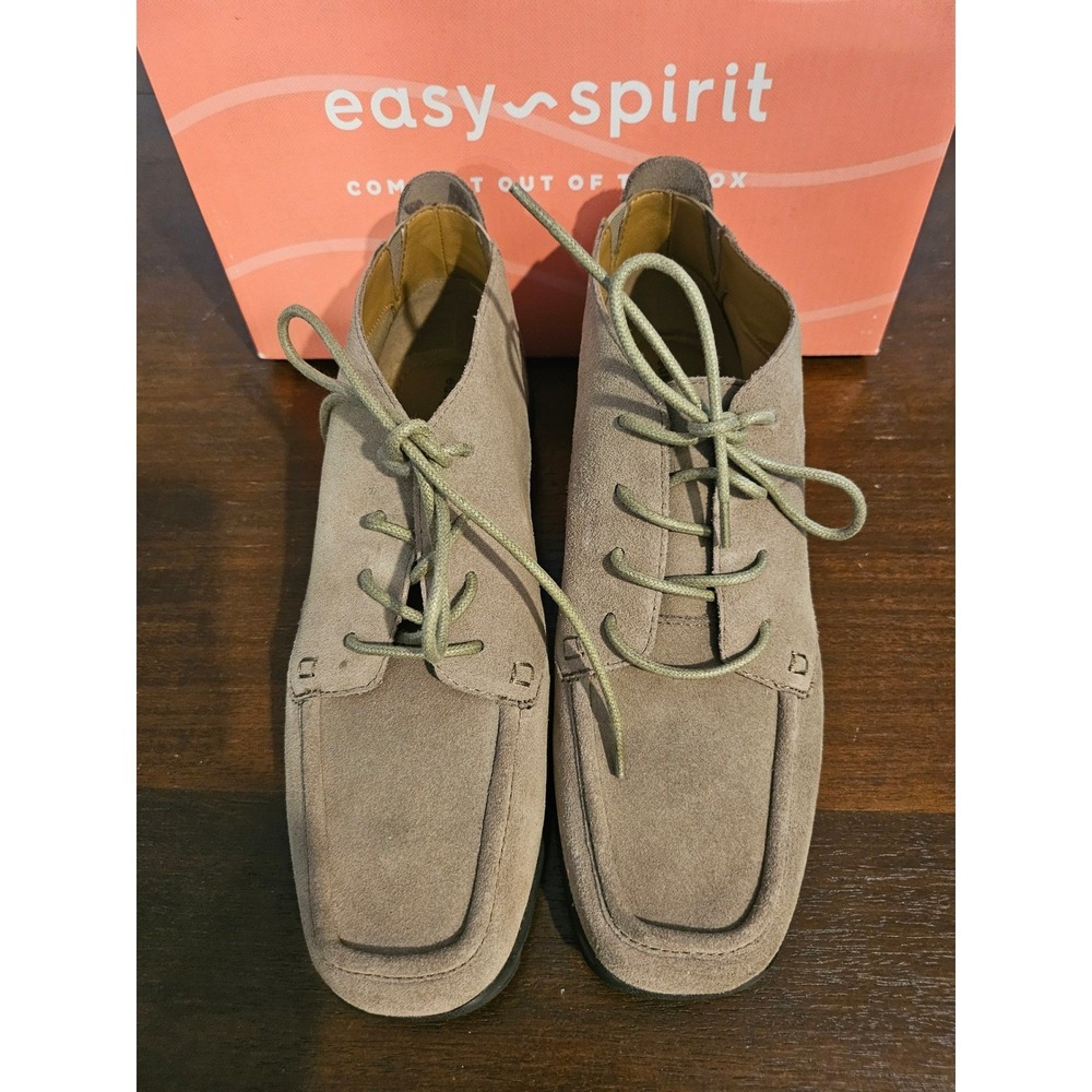 Easy Spirit Suede Ankle Boots Womens 10 Taupe Lace Up Moc Toe Comfort Booties